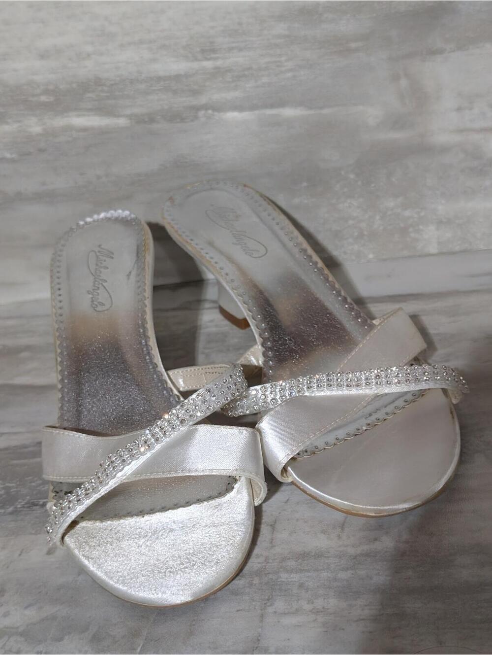 Michaelangelo's Women's Silver Satin Heeled Sandals with Rhinestone Straps
